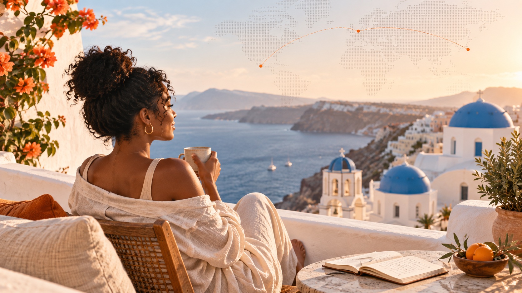 A woman looking across the sea from a terrace in Greece