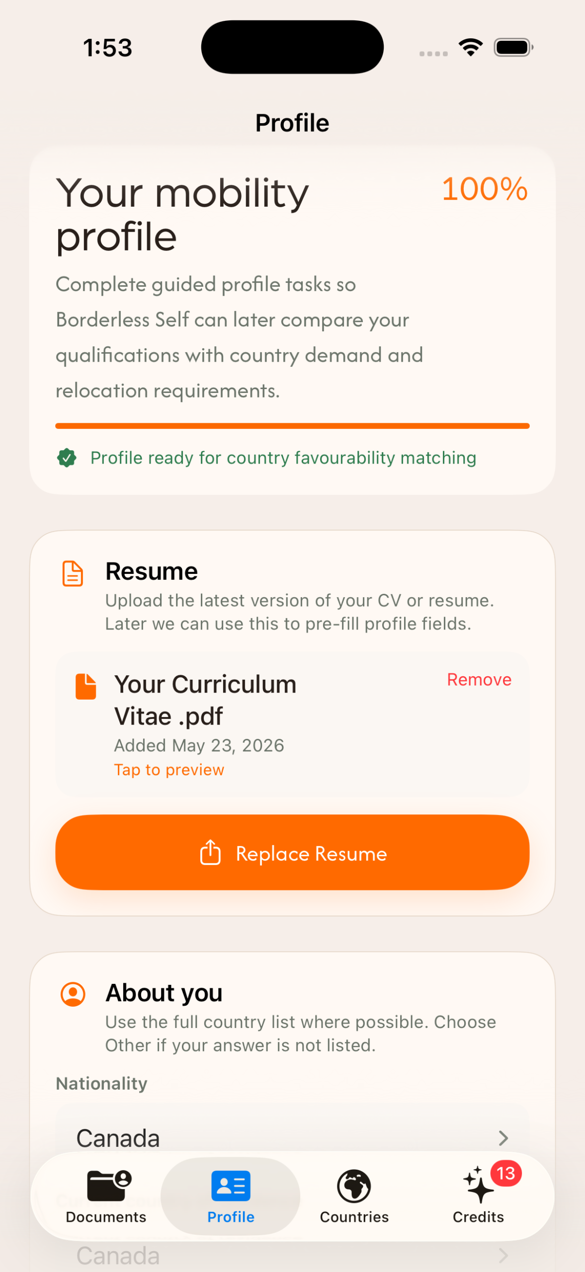 Borderless Self relocation readiness dashboard
