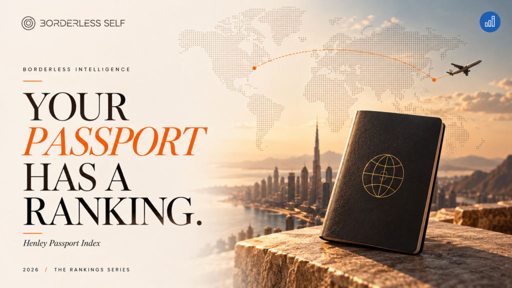 Your Passport Has a Ranking. Your Life Needs a Plan. Borderless Self: Your passport has a ranking. Conceptual passport and global travel illustration.