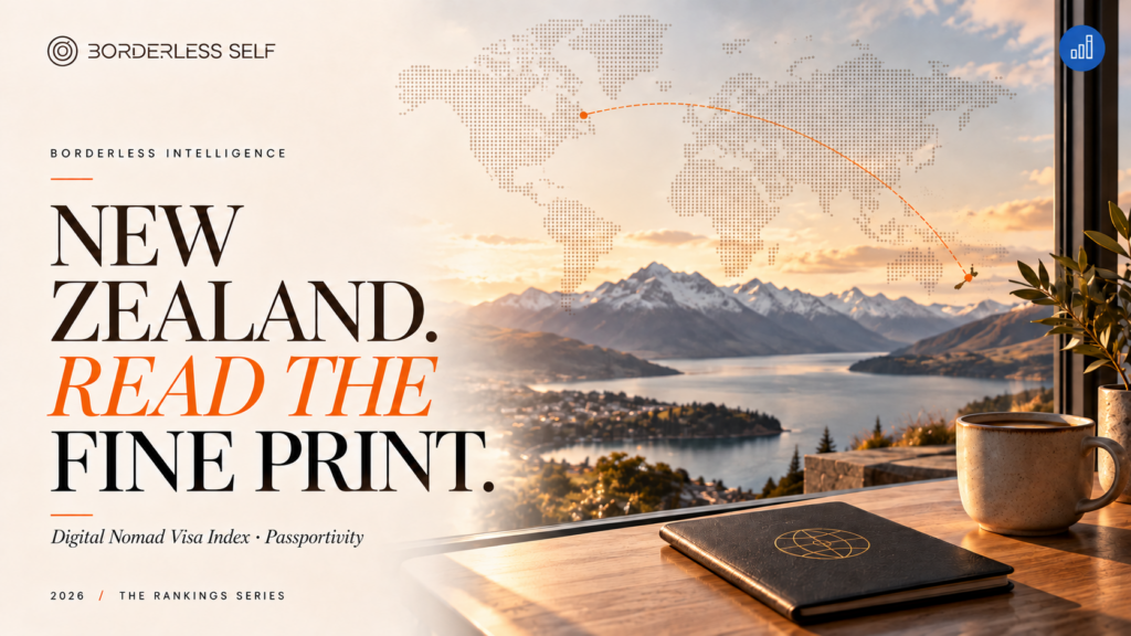 New Zealand Wins This Nomad Ranking. Read the Visa Bit Before Packing. Borderless Intelligence nomad rankings cover with a remote-work desk overlooking a New Zealand mountain lake.