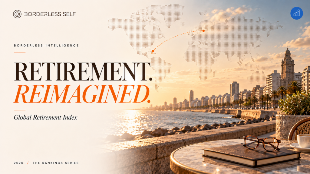 Borderless Intelligence retirement rankings cover featuring a Uruguay-inspired waterfront and travel-planning notebook.