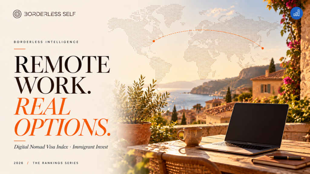 Borderless Intelligence: Spain wins this nomad index, with a laptop on a Spanish balcony overlooking the city.